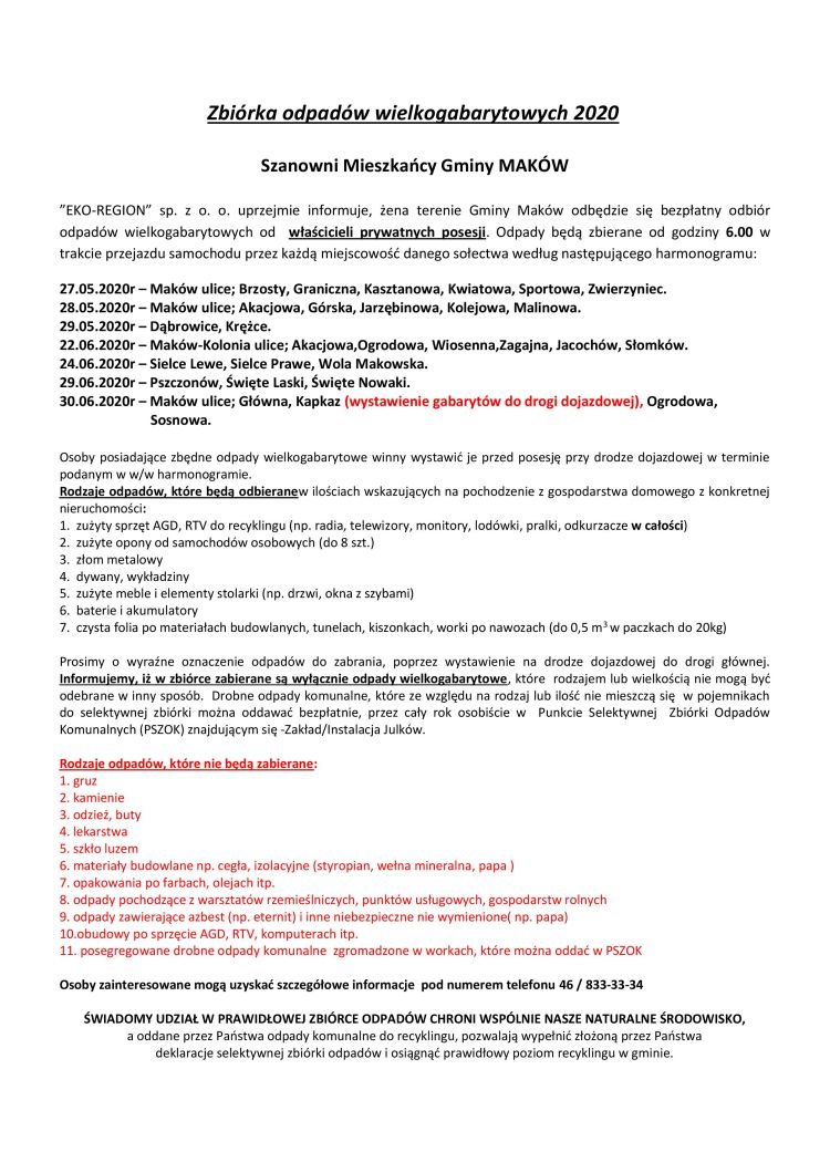 Harmonogram gabarytow Makow 2020