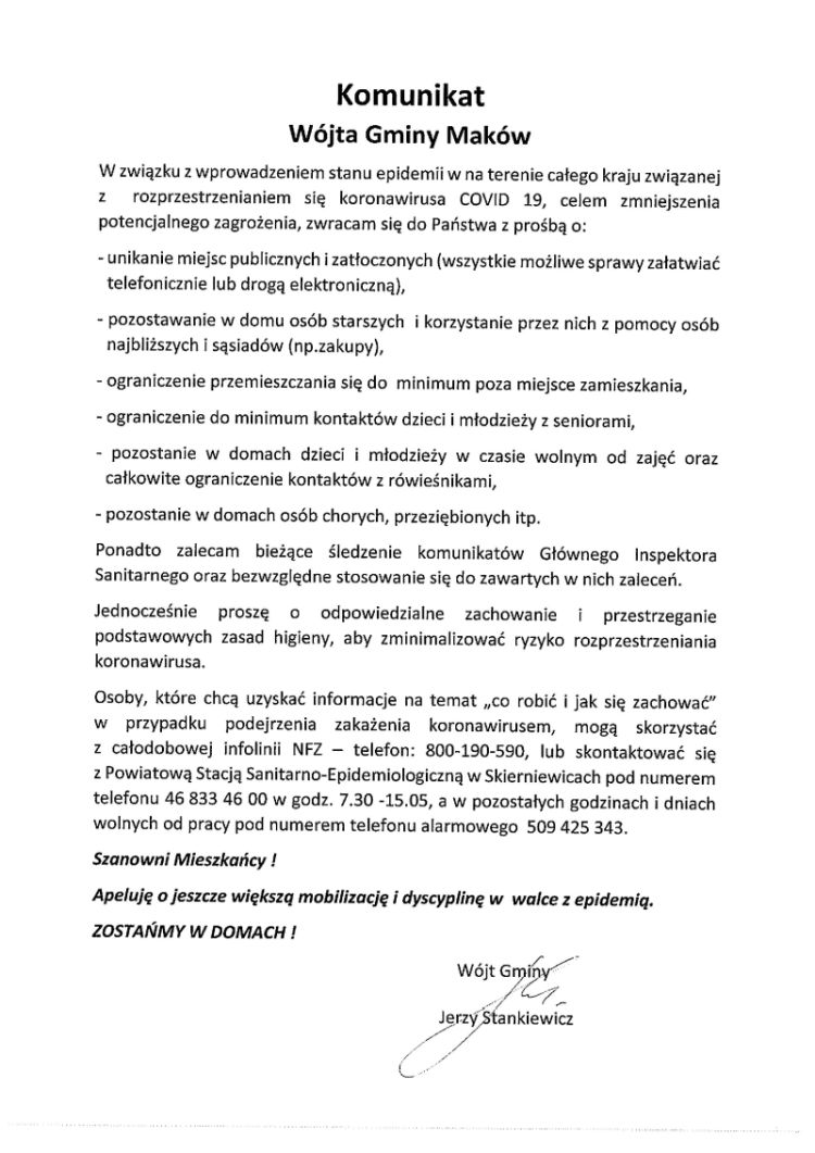 Komunikat Koronawirus Wojta Gminy