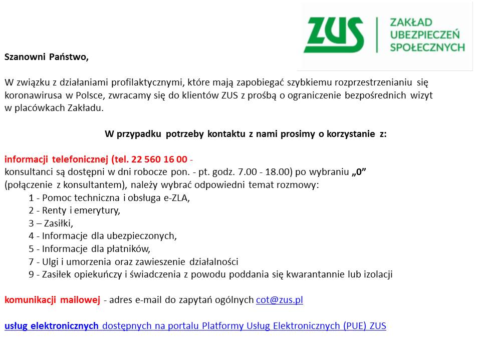 koronawirus kontakt z ZUS